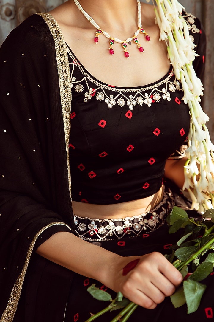 Black & Red Satin Silk Marodi Work & Bandhej Printed Wedding Lehenga Set by Maison Shefali at Pernia's Pop Up Shop