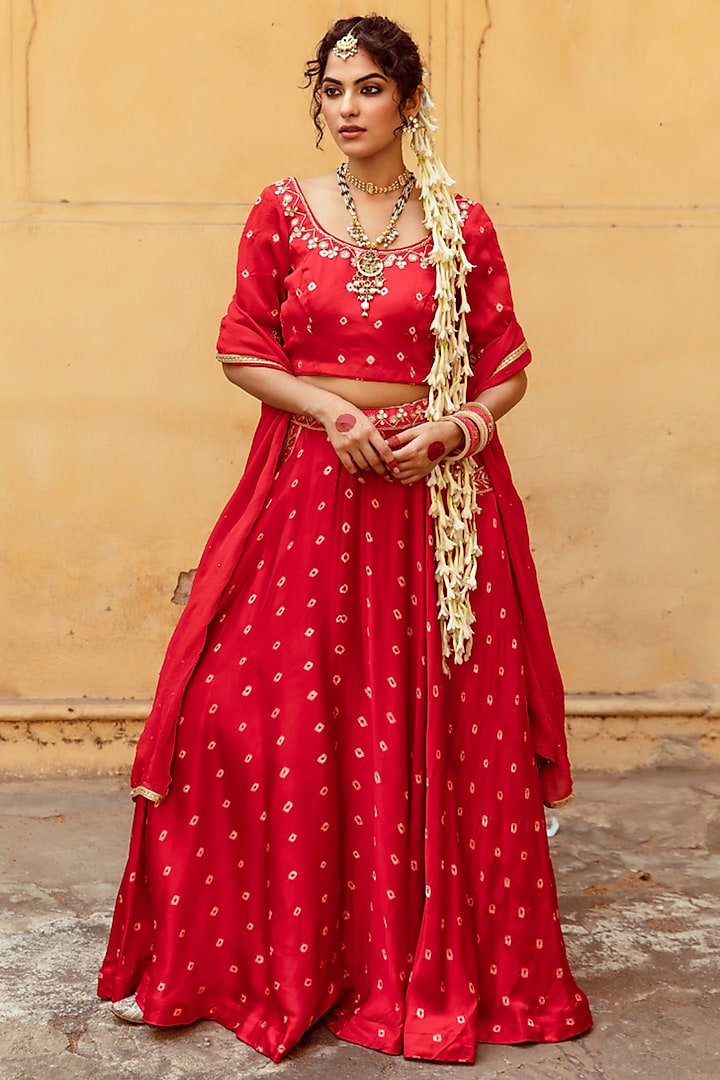 Red & White Satin Silk Marodi Work & Bandhej Printed Lehenga Set by Maison Shefali at Pernia's Pop Up Shop