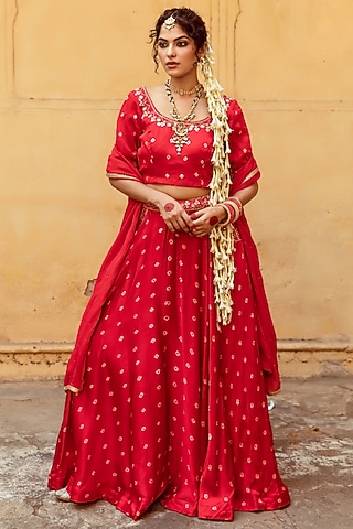 Red & White Satin Silk Marodi Work & Bandhej Printed Lehenga Set by Maison Shefali