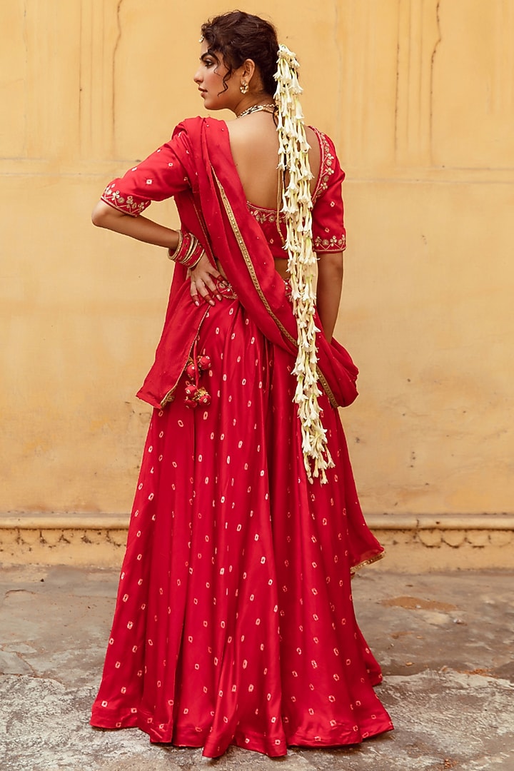 Red & White Satin Silk Marodi Work & Bandhej Printed Wedding Lehenga Set by Maison Shefali at Pernia's Pop Up Shop
