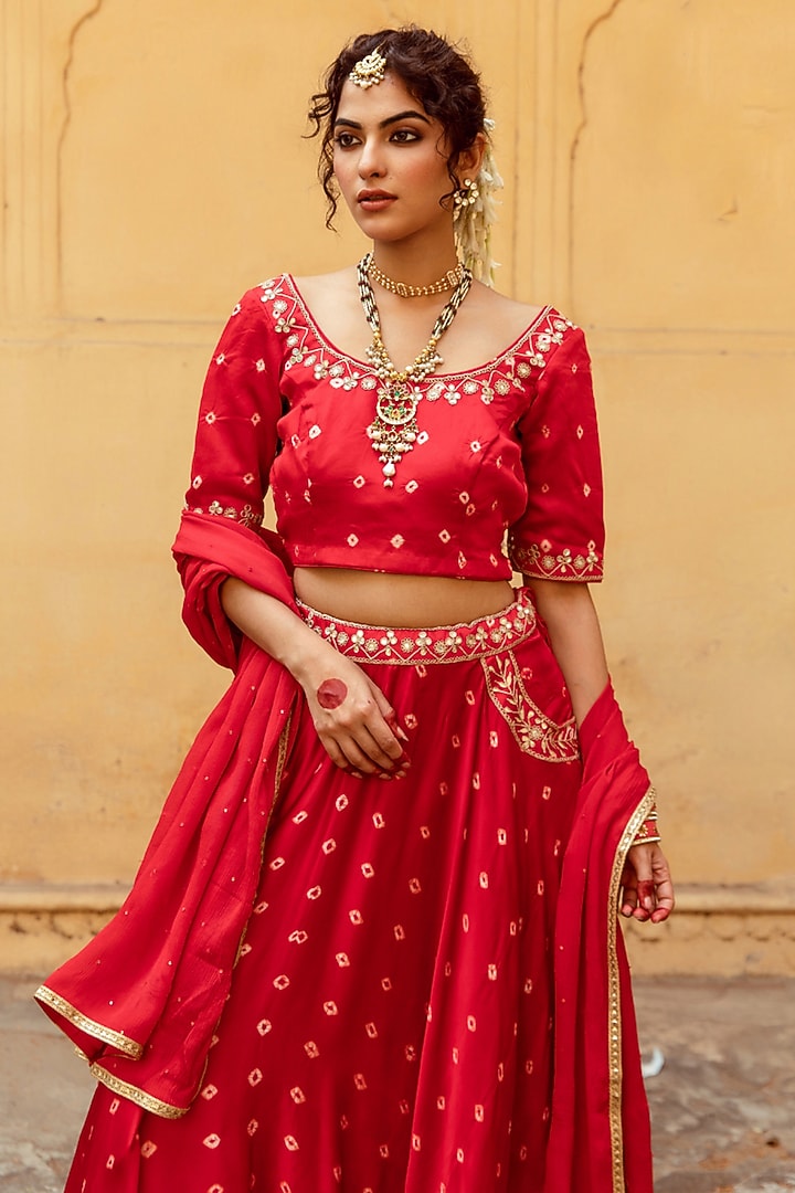 Red & White Satin Silk Marodi Work & Bandhej Printed Wedding Lehenga Set by Maison Shefali at Pernia's Pop Up Shop