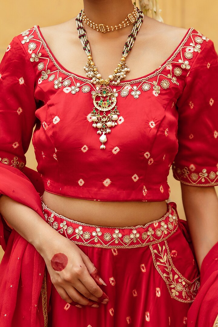 Red & White Satin Silk Marodi Work & Bandhej Printed Wedding Lehenga Set by Maison Shefali at Pernia's Pop Up Shop
