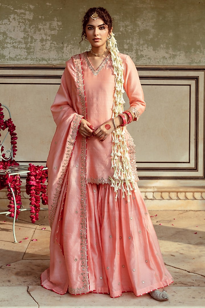 Peach Chanderi Silk Sharara Set by Maison Shefali at Pernia's Pop Up Shop