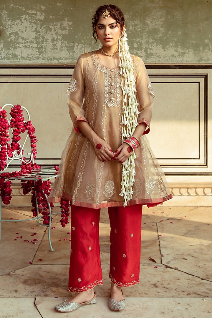 Golden Pure Tissue Silk Marodi Embroidered Kurta Set by Maison Shefali at Pernia's Pop Up Shop