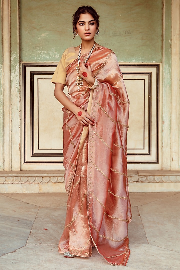 Ruste Pure Tissue Silk Zardosi Embroidered Saree Set by Maison Shefali at Pernia's Pop Up Shop