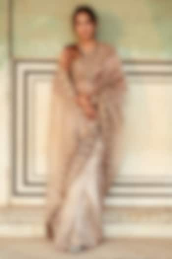 Silver Tissue Silk Sequins & Mirror Embroidered Saree Set by Maison Shefali at Pernia's Pop Up Shop