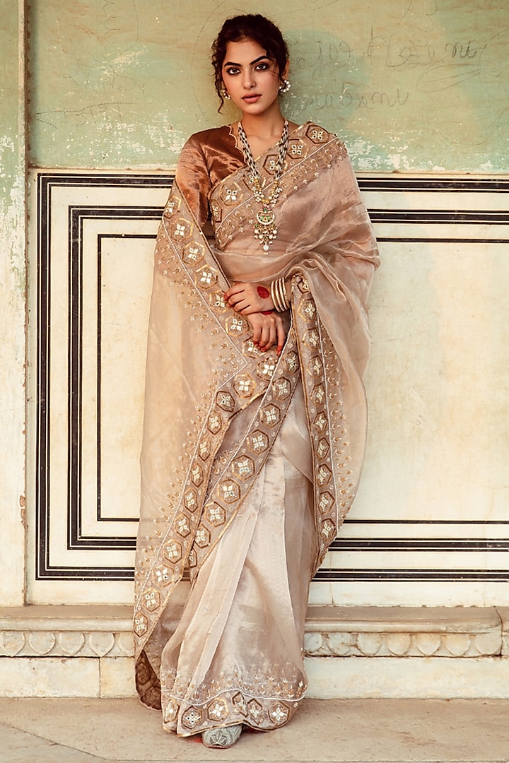 Silver Tissue Silk Sequins & Mirror Embroidered Saree Set by Maison Shefali at Pernia's Pop Up Shop