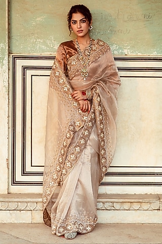 Silver Tissue Silk Sequins & Mirror Embroidered Saree Set by Maison Shefali