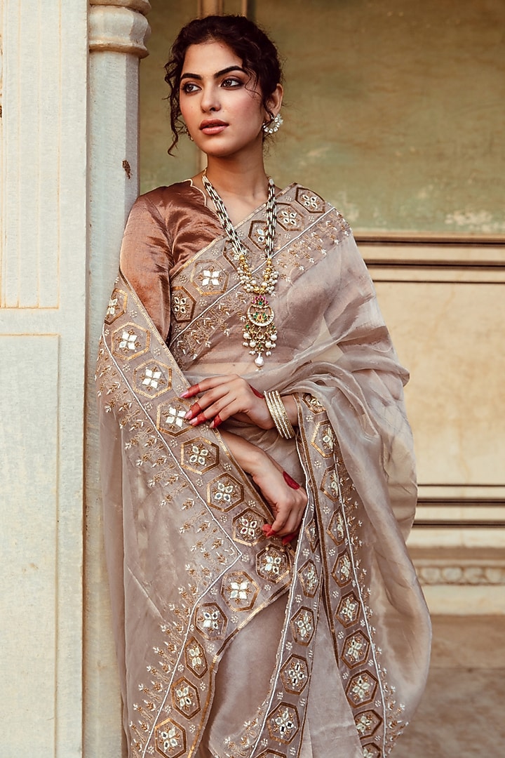 Silver Tissue Silk Sequins & Mirror Embroidered Wedding Saree Set by Maison Shefali at Pernia's Pop Up Shop
