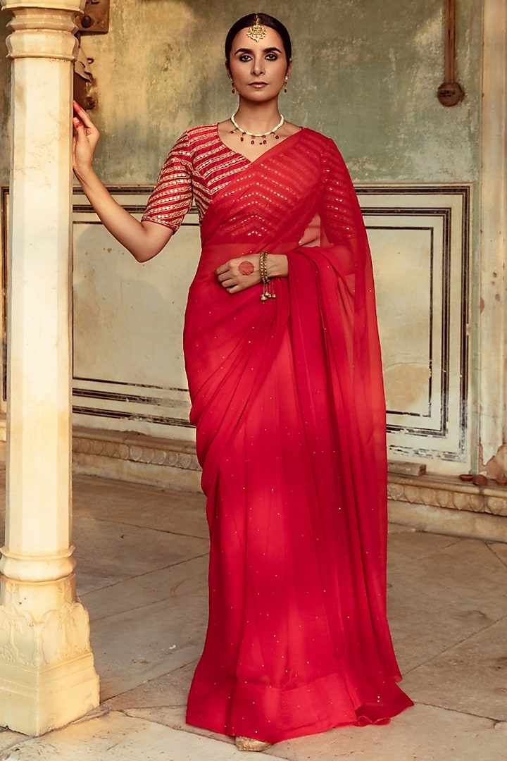 Red Chiffon Badla Work & Hand-Dyed Saree Set by Maison Shefali at Pernia's Pop Up Shop