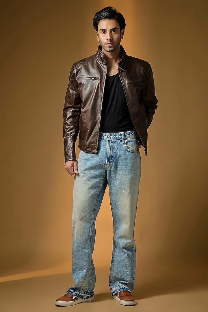 Antique Brown Italian Leather Biker Jacket by Matchless London at Pernia's Pop Up Shop