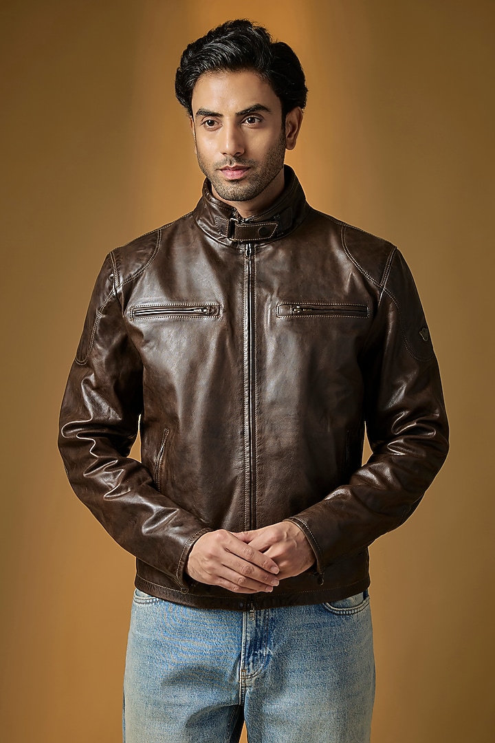 Antique Brown Italian Leather Biker Jacket by Matchless London at Pernia's Pop Up Shop