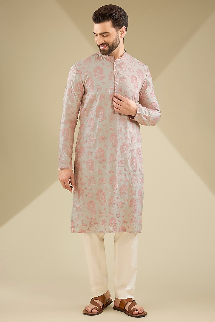 Mouse-Colored Silk Machine Embroidered Kurta Set by MS attire