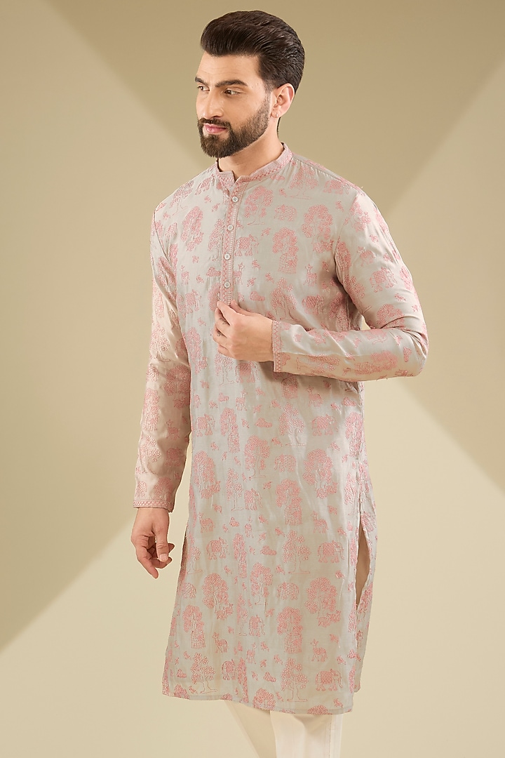 Mouse-Colored Silk Machine Embroidered Kurta Set by MS attire at Pernia's Pop Up Shop