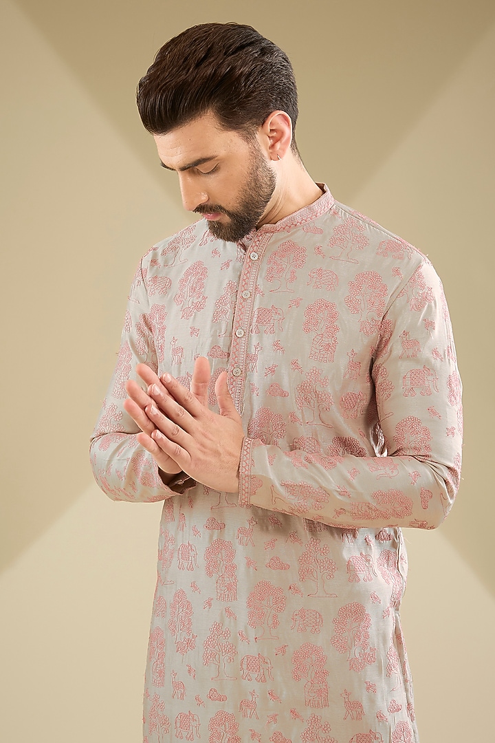 Mouse-Colored Silk Machine Embroidered Kurta Set by MS attire at Pernia's Pop Up Shop