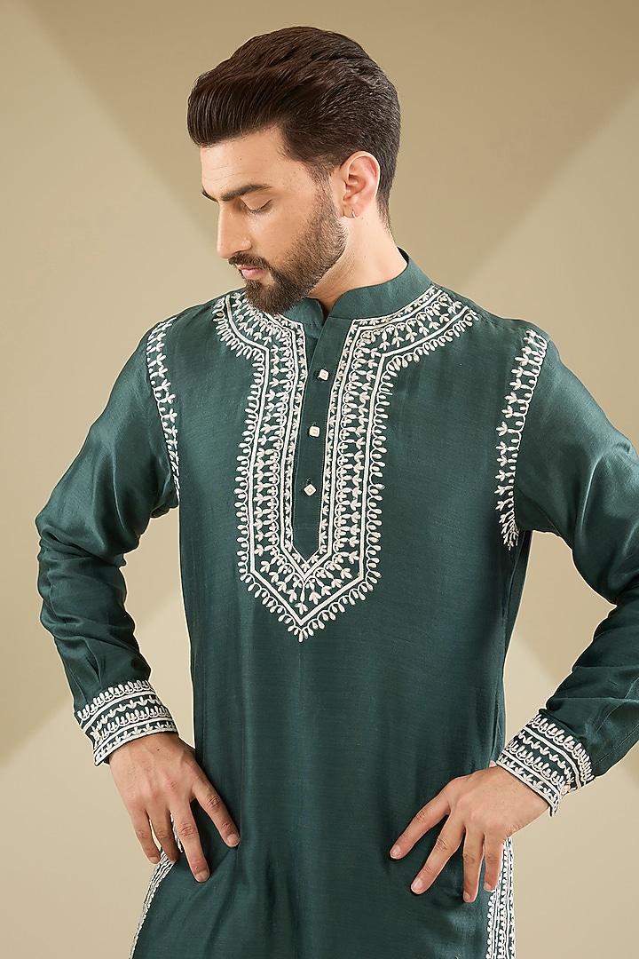 Green Chanderi Embroidered Kurta Set by MS attire at Pernia's Pop Up Shop