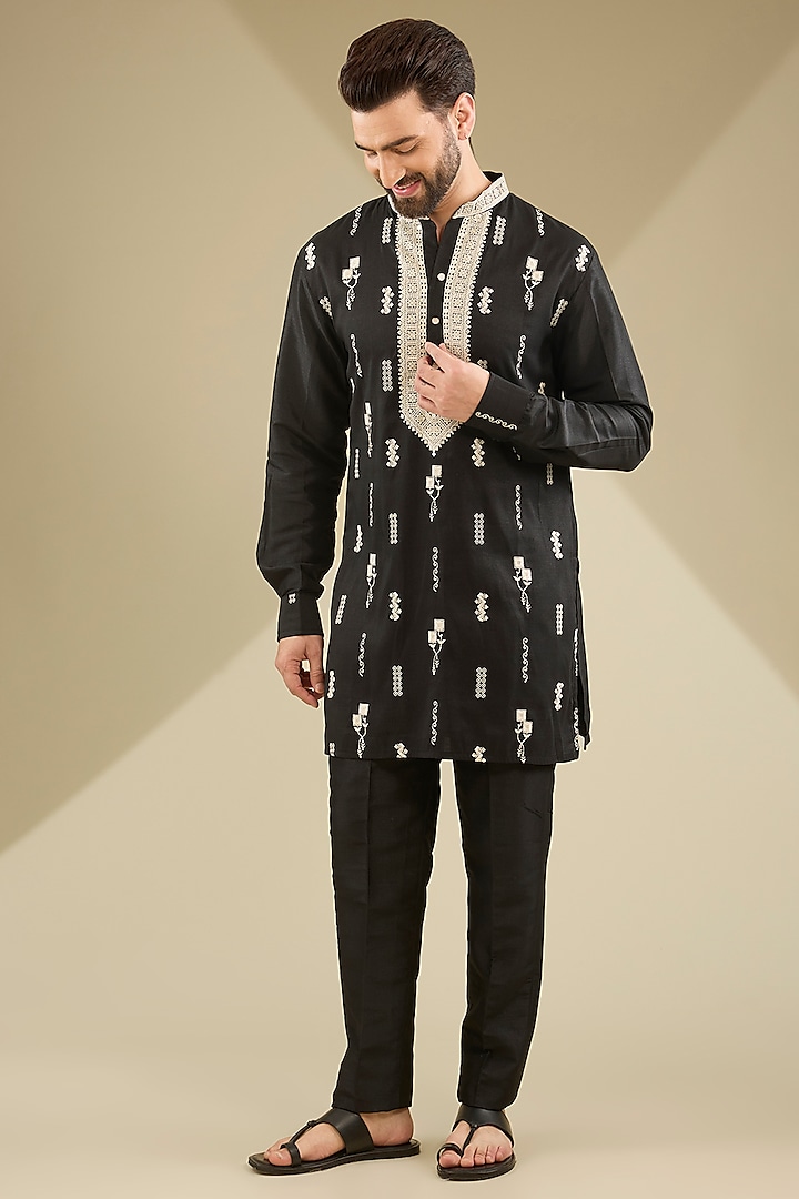 Black Dupion Silk Embroidered Kurta Set by MS attire