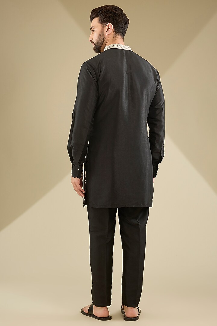Black Dupion Silk Embroidered Kurta Set by MS attire at Pernia's Pop Up Shop
