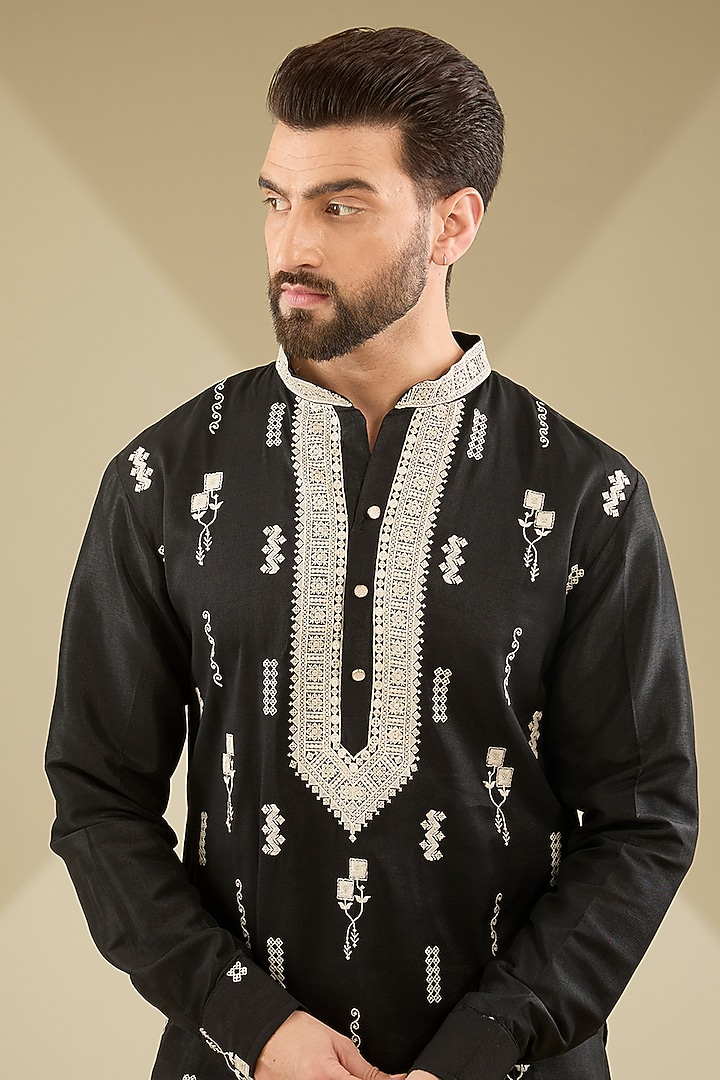 Black Dupion Silk Embroidered Kurta Set by MS attire at Pernia's Pop Up Shop
