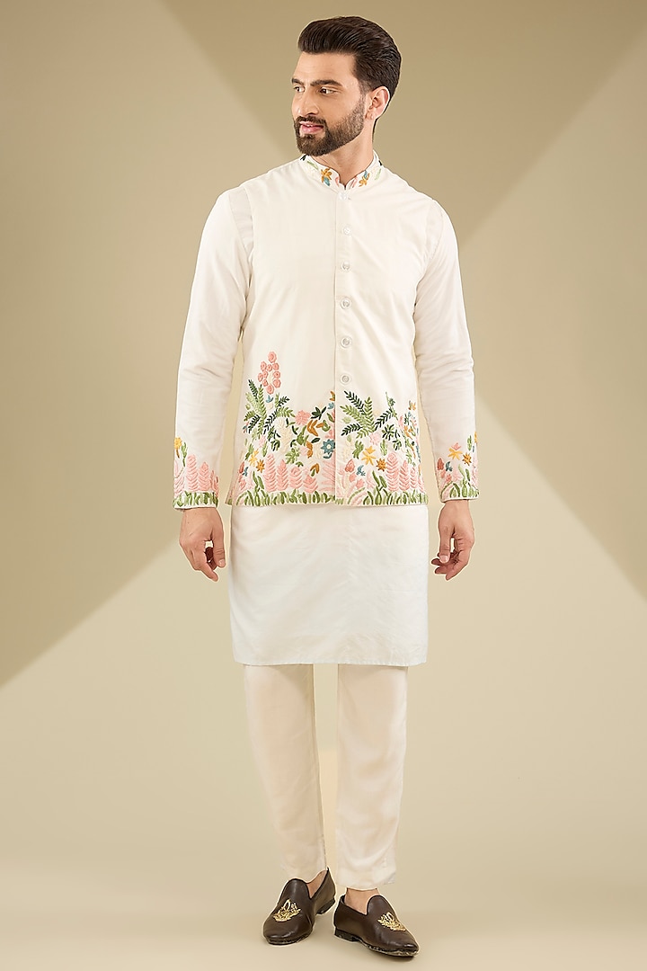 Ivory Cotton Silk Zardosi Work Nehru Jacket Set by MS attire