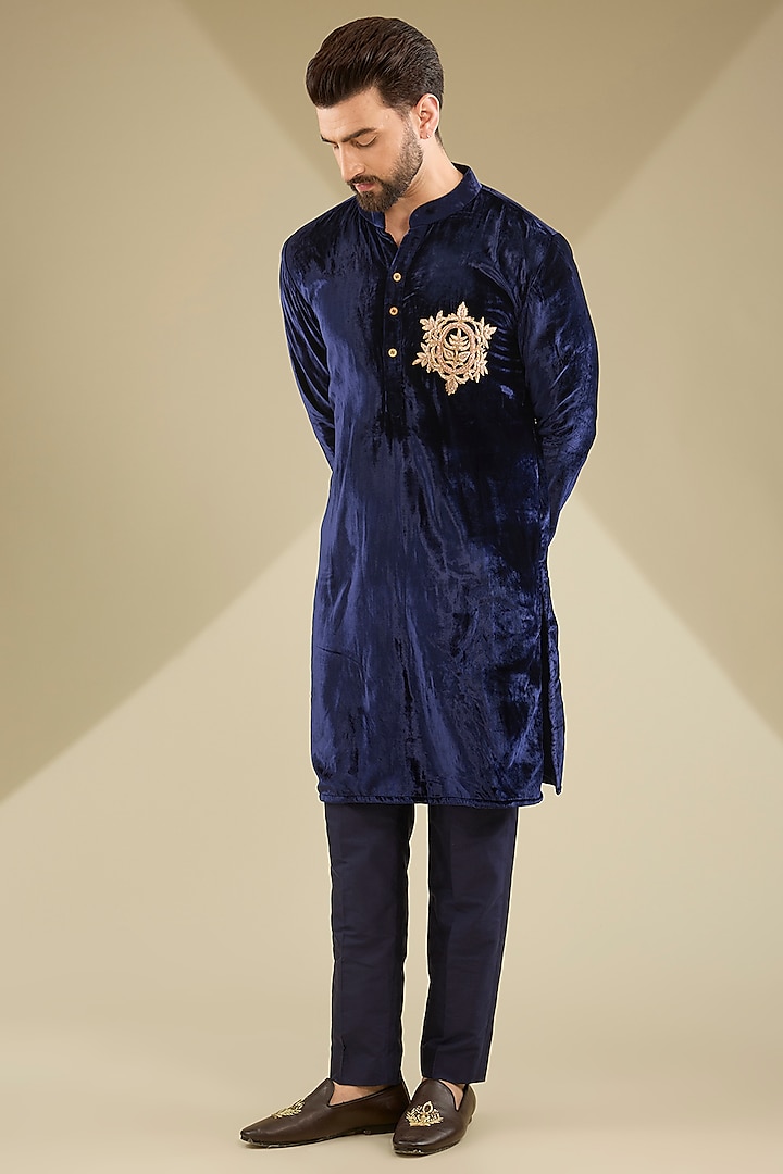 Blue Velvet Embroidered Kurta Set by MS attire