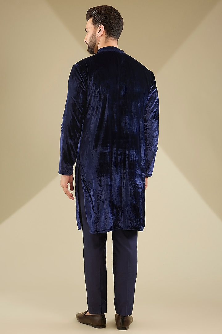 Blue Velvet Embroidered Kurta Set by MS attire at Pernia's Pop Up Shop