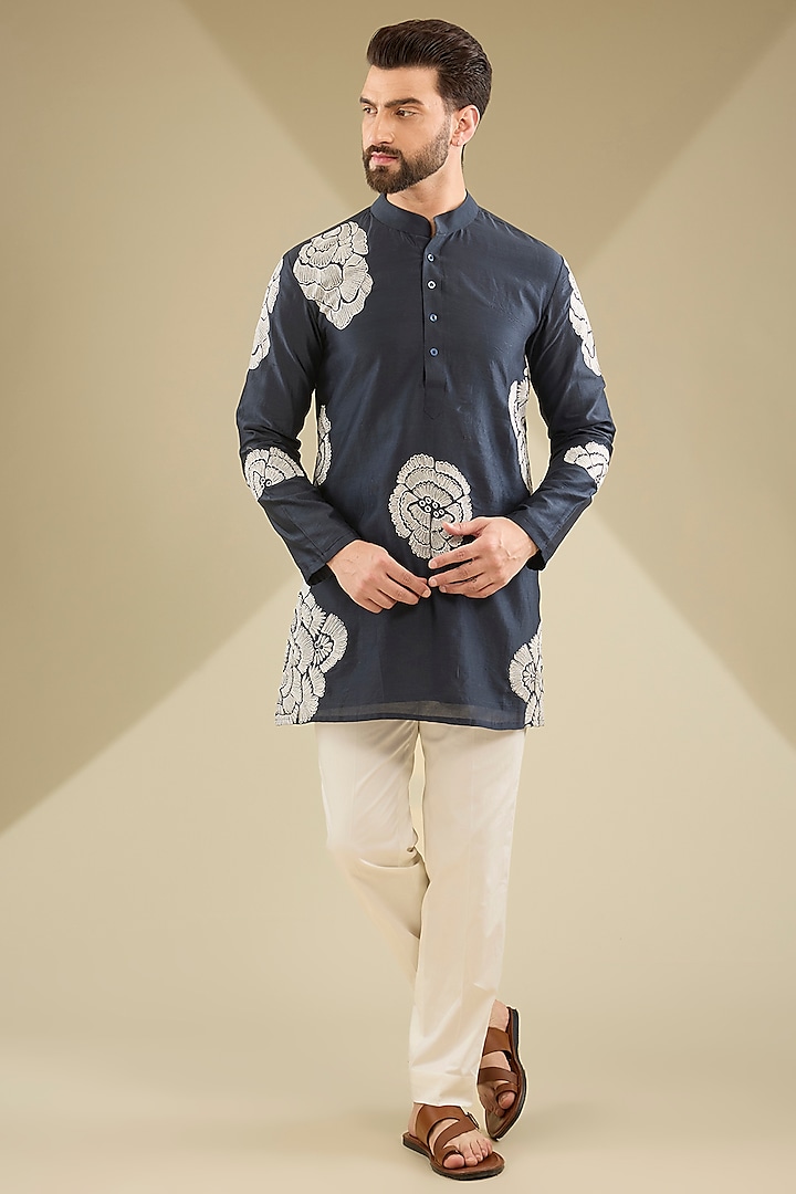 Blue Chanderi Embroidered Kurta Set by MS attire