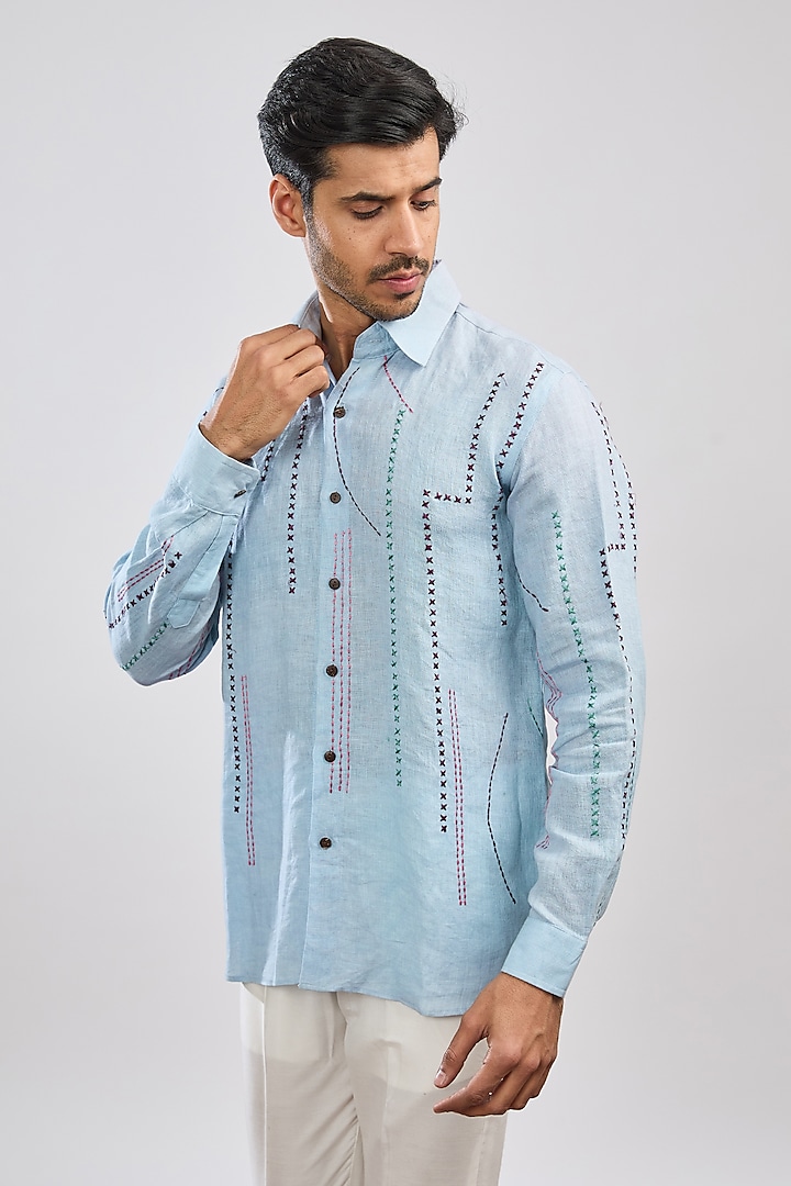 Blue Linen Thread Embroidered Shirt by MS attire