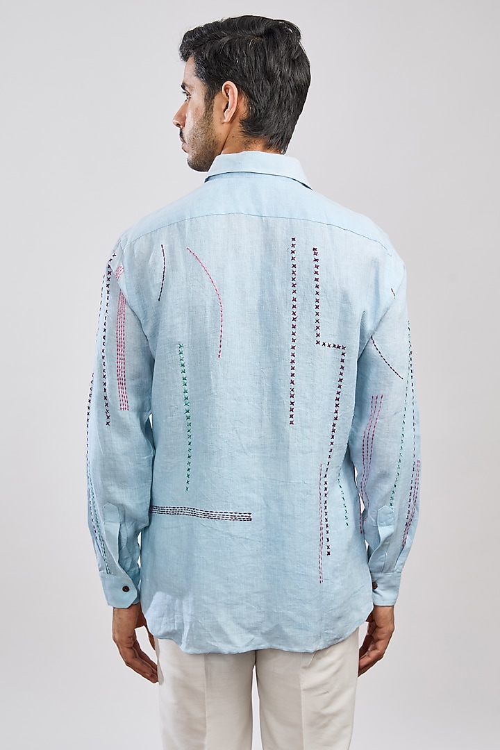 Blue Linen Thread Embroidered Party Wear Shirt by MS attire at Pernia's Pop Up Shop