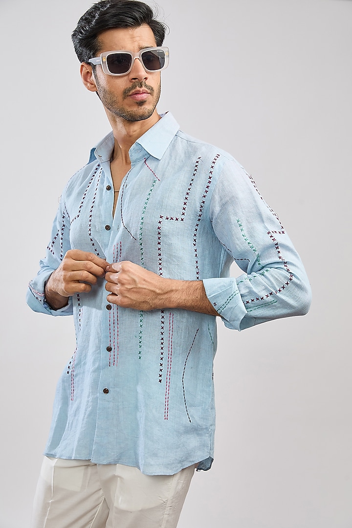 Blue Linen Thread Embroidered Party Wear Shirt by MS attire at Pernia's Pop Up Shop
