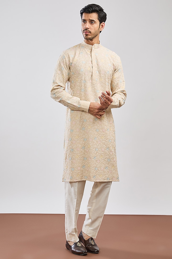 Beige Chanderi Thread Embellished Kurta Set by MS attire