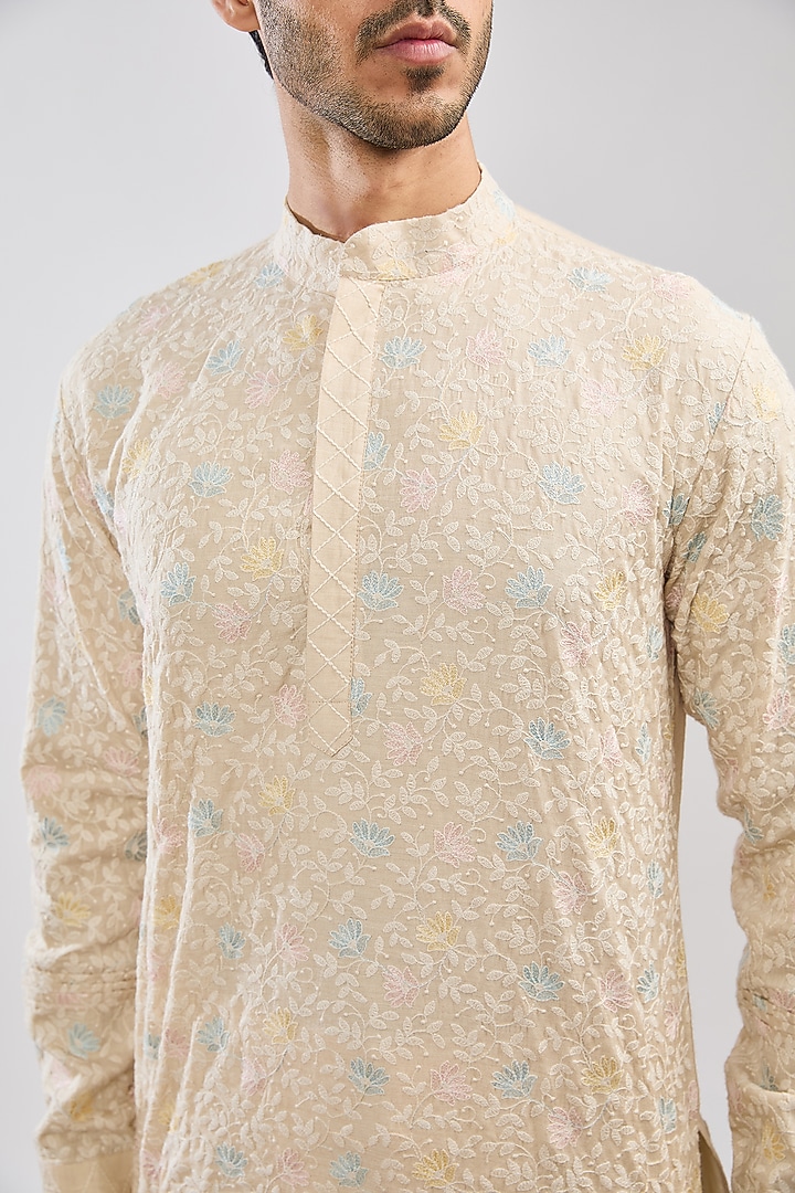 Beige Chanderi Thread Embellished Kurta Set by MS attire at Pernia's Pop Up Shop