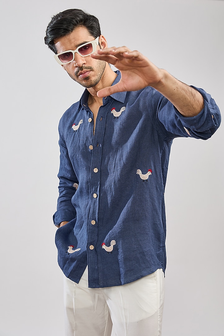 Blue Linen Party Wear Shirt by MS attire at Pernia's Pop Up Shop