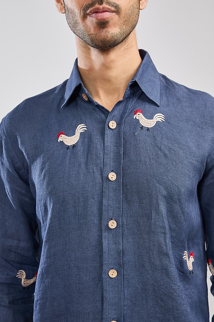 Blue Linen Party Wear Shirt by MS attire at Pernia's Pop Up Shop