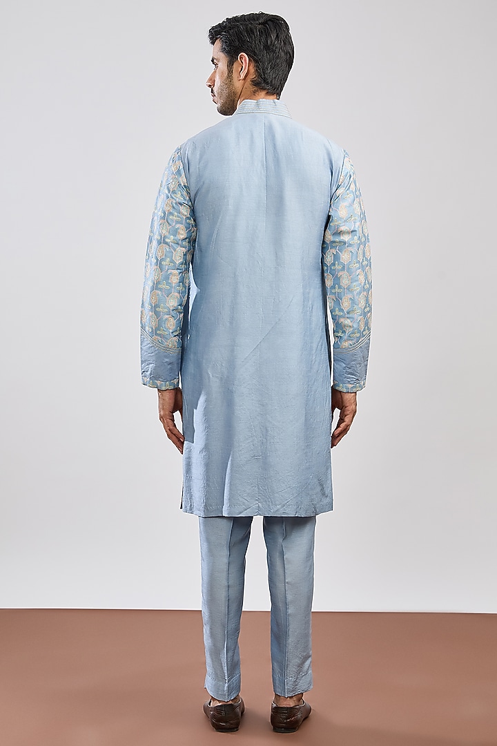 Sky Blue Dupion Silk Self Embroidered Kurta Set by MS attire at Pernia's Pop Up Shop
