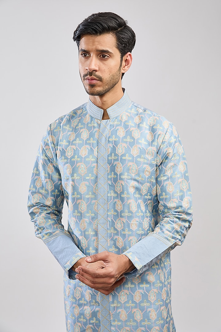 Sky Blue Dupion Silk Self Embroidered Kurta Set by MS attire at Pernia's Pop Up Shop