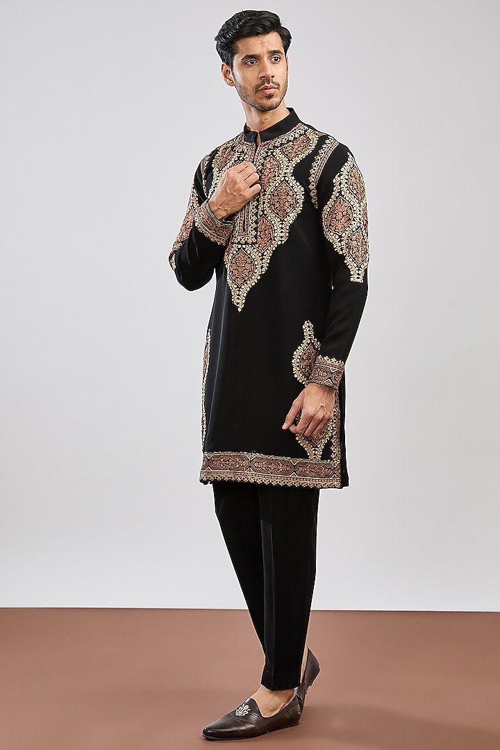 Black Japanese Crepe Kashmiri Work Kurta Set by MS attire