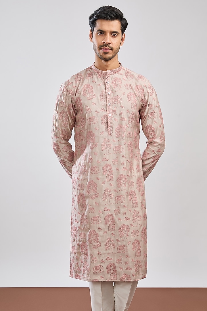 Grey Dupion Silk Thread Embroidered Kurta Set by MS attire at Pernia's Pop Up Shop