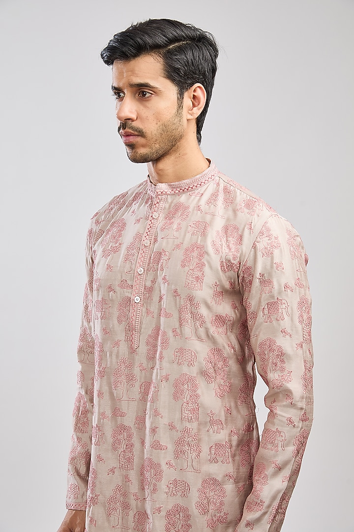 Grey Dupion Silk Thread Embroidered Kurta Set by MS attire at Pernia's Pop Up Shop