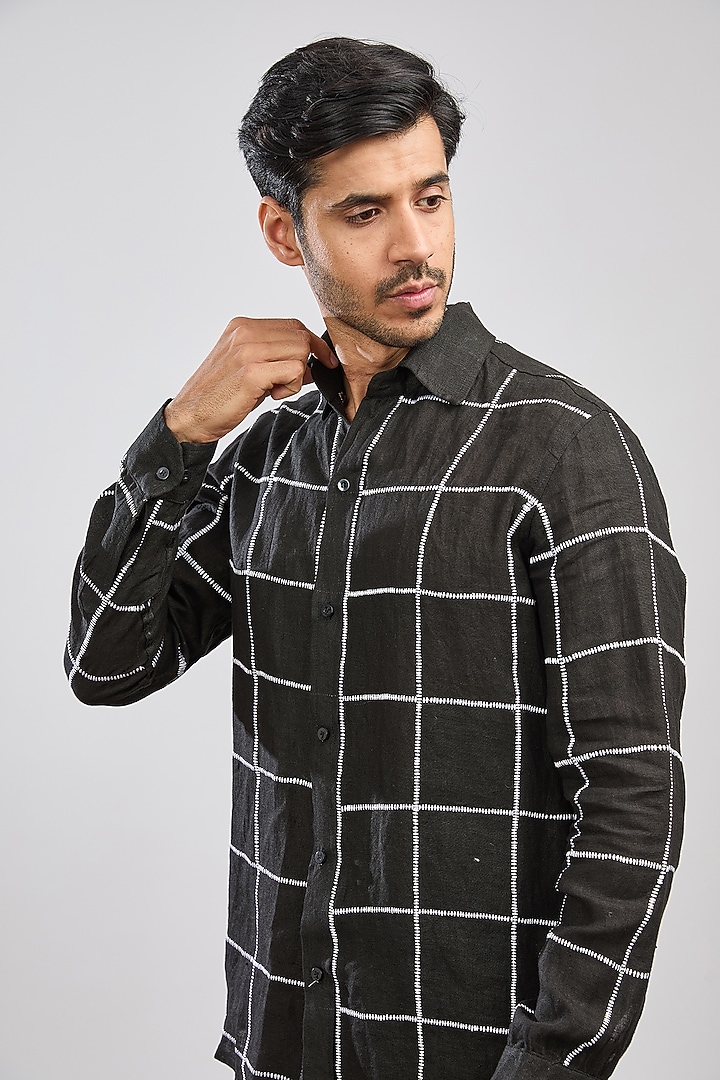 Black Linen Thread Embroidered Party Wear Shirt by MS attire at Pernia's Pop Up Shop