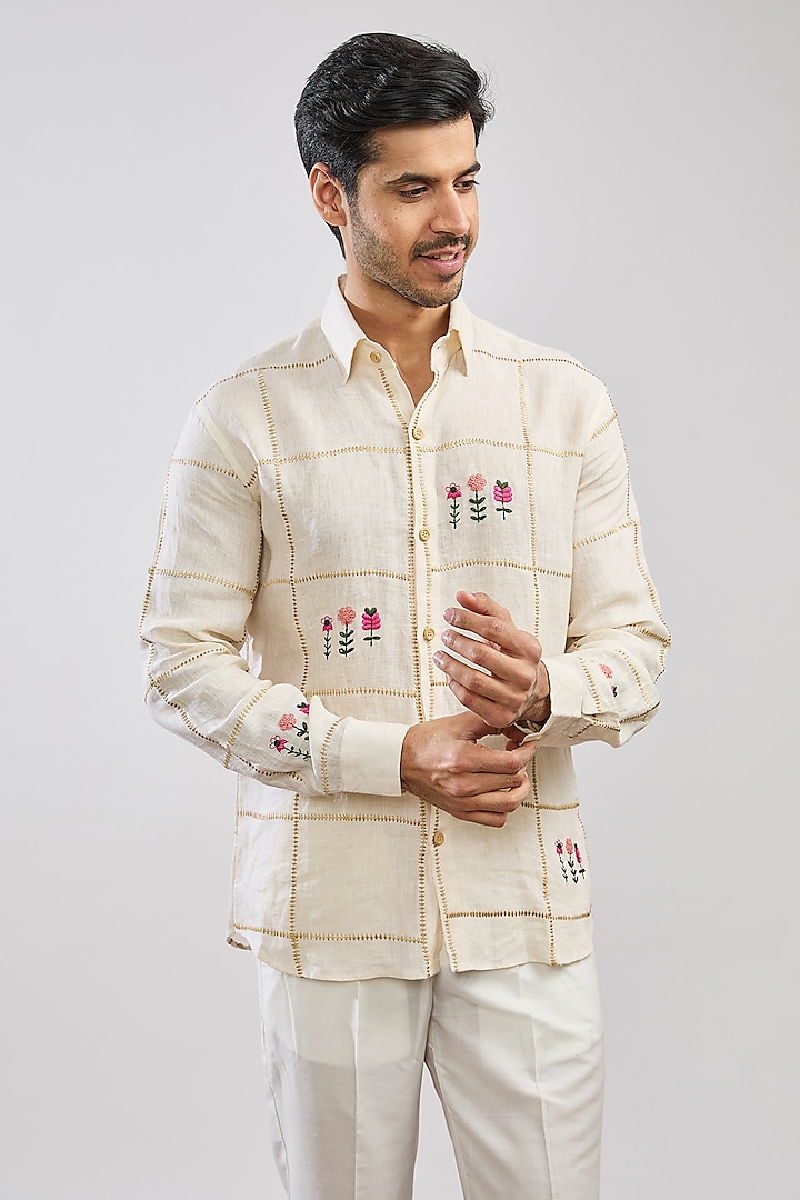 Ivory Linen Hand Embroidered Shirt by MS attire