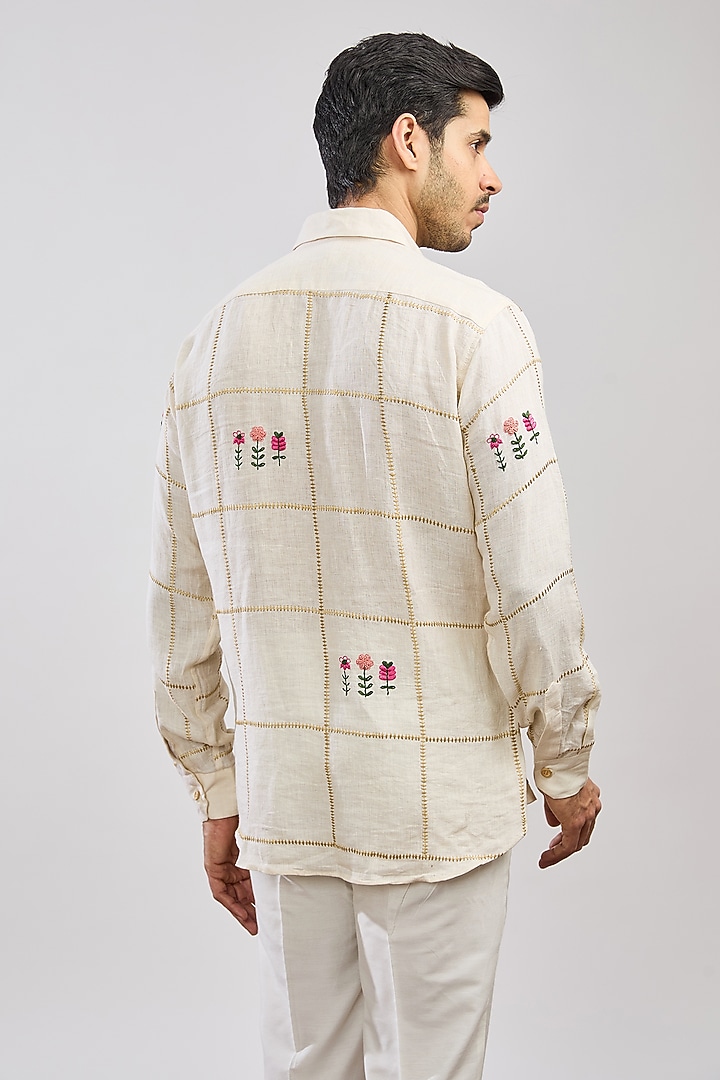 Ivory Linen Hand Embroidered Party Wear Shirt by MS attire at Pernia's Pop Up Shop