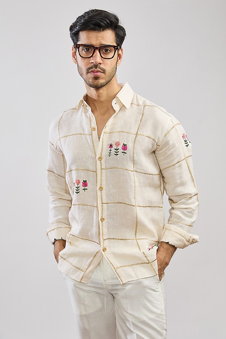 Ivory Linen Hand Embroidered Party Wear Shirt by MS attire at Pernia's Pop Up Shop