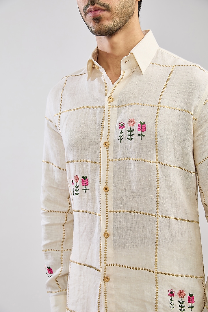 Ivory Linen Hand Embroidered Party Wear Shirt by MS attire at Pernia's Pop Up Shop