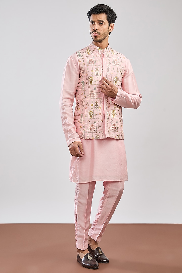 Pink Dupion Silk Sequins Embroidered Nehru Jacket Set by MS attire