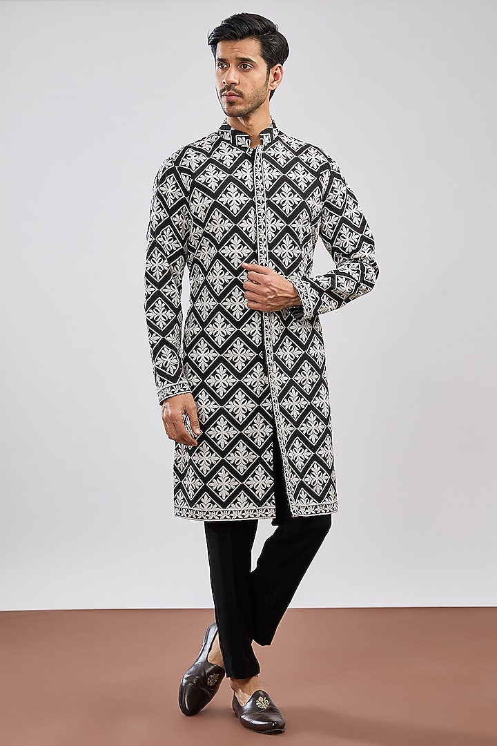 Black Georgette & Glaze Cotton Embroidered Sherwani Set by MS attire