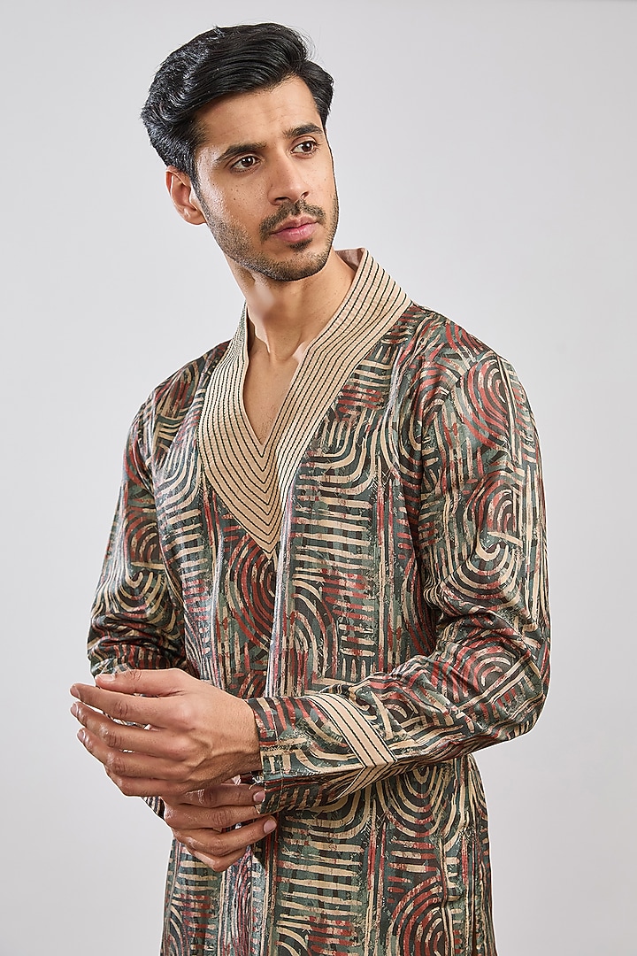 Green Tussar Silk Printed & Embroidered Kurta Set by MS attire at Pernia's Pop Up Shop