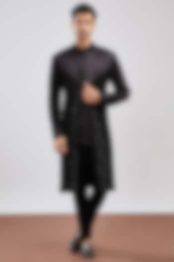 Black Japanese Crepe Sequins Embellished Indowestern Set by MS attire