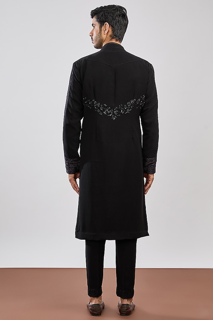 Black Japanese Crepe Sequins Embellished Wedding Indowestern Set by MS attire at Pernia's Pop Up Shop