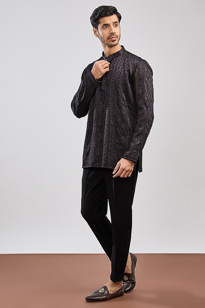 Black Japanese Crepe Sequins Embellished Wedding Indowestern Set by MS attire at Pernia's Pop Up Shop
